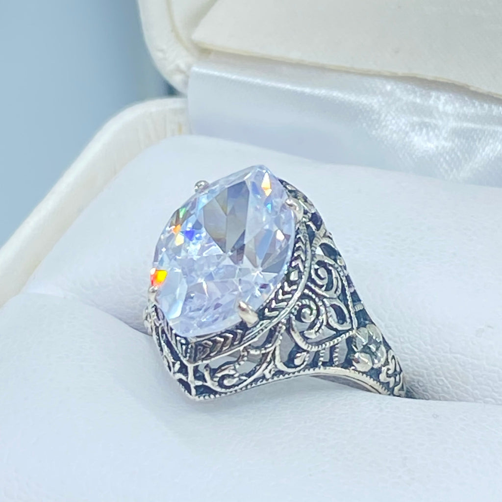 White CZ Ring, Marquise Gemstone, Art Deco Filigree, Sterling Silver Jewelry, Silver Embrace Jewelry, D201