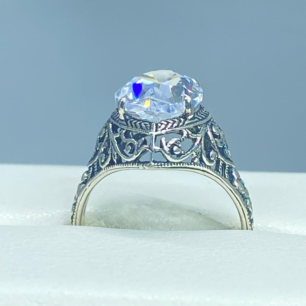White CZ Ring, Marquise Gemstone, Art Deco Filigree, Sterling Silver Jewelry, Silver Embrace Jewelry, D201