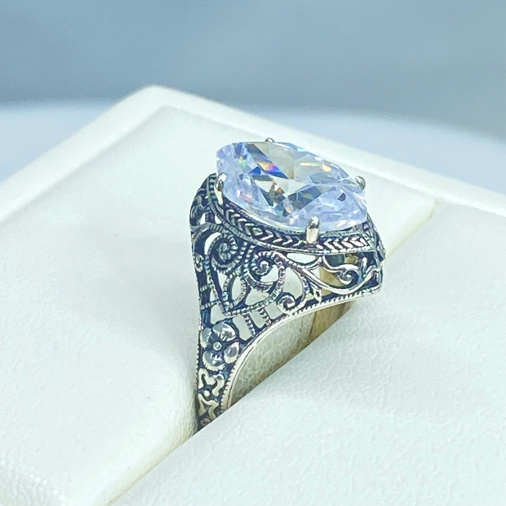 White CZ Ring, Marquise Gemstone, Art Deco Filigree, Sterling Silver Jewelry, Silver Embrace Jewelry, D201