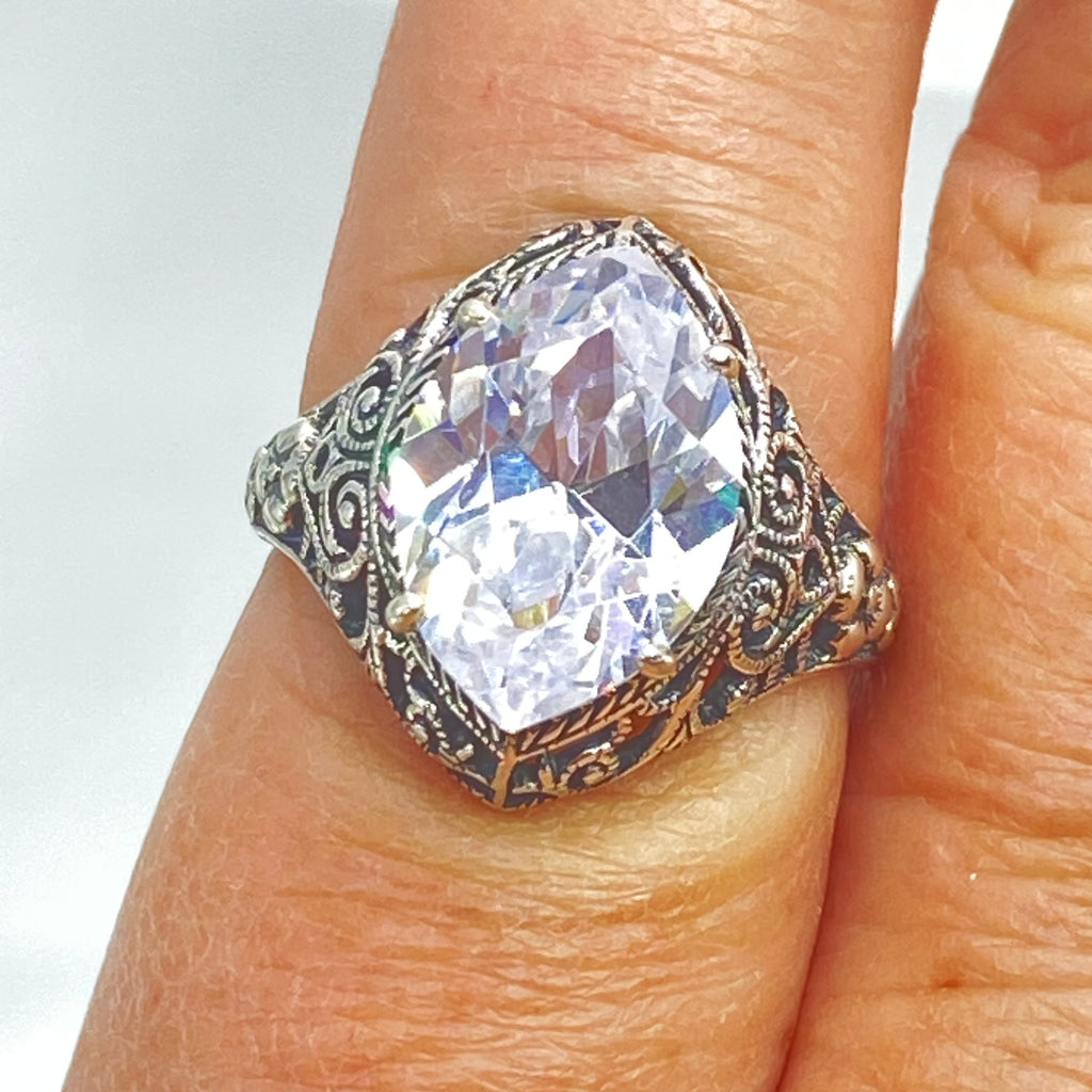 White CZ Ring, Marquise Gemstone, Art Deco Filigree, Sterling Silver Jewelry, Silver Embrace Jewelry, D201