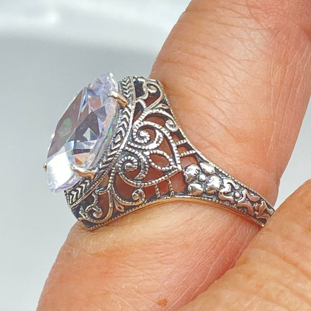 White CZ Ring, Marquise Gemstone, Art Deco Filigree, Sterling Silver Jewelry, Silver Embrace Jewelry, D201