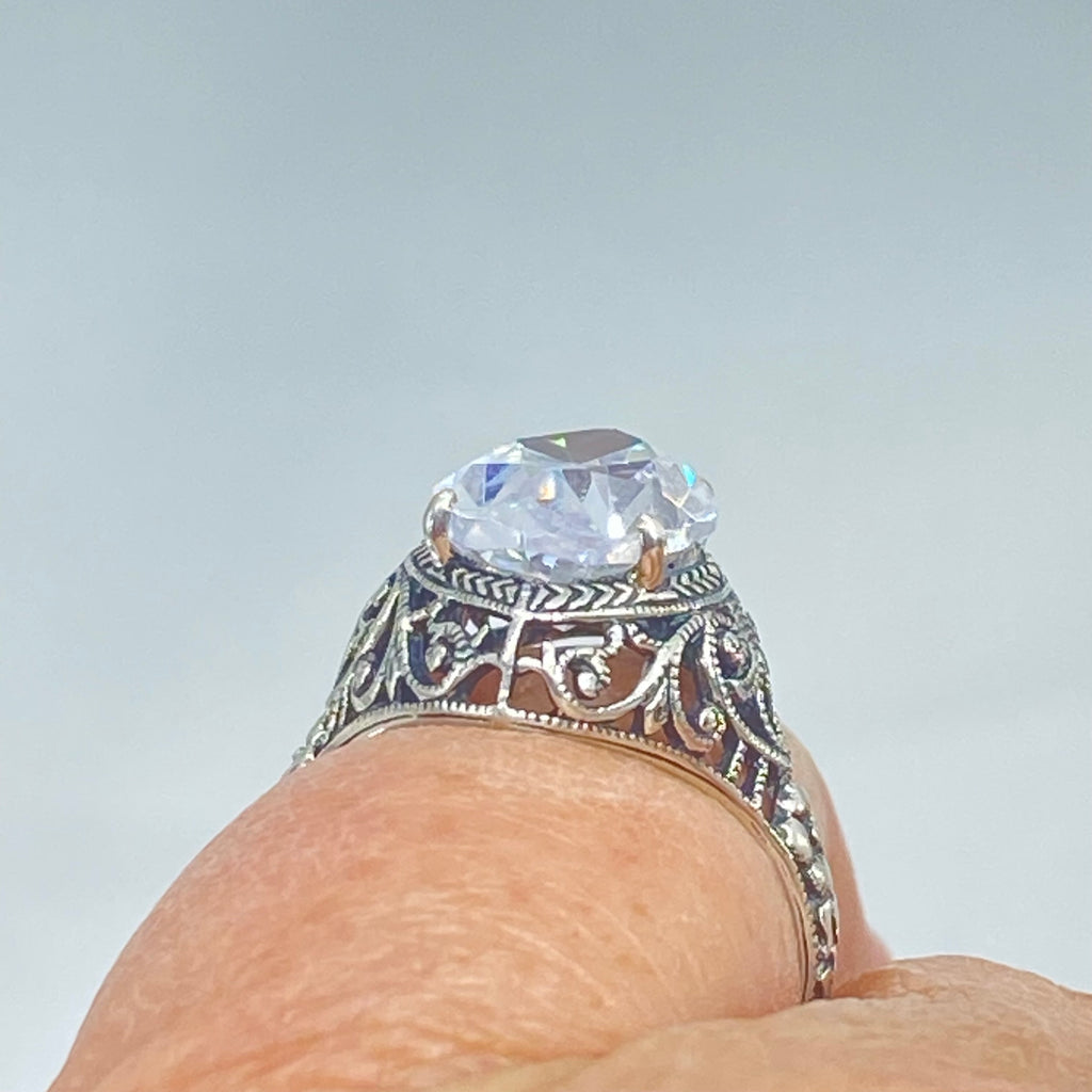 White CZ Ring, Marquise Gemstone, Art Deco Filigree, Sterling Silver Jewelry, Silver Embrace Jewelry, D201