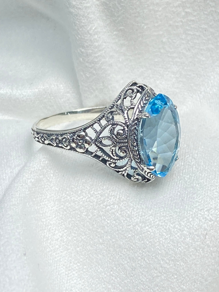 Natural Blue Topaz Ring, Marquise Gemstone, Art Deco Filigree, Sterling Silver Jewelry, Silver Embrace Jewelry, D201