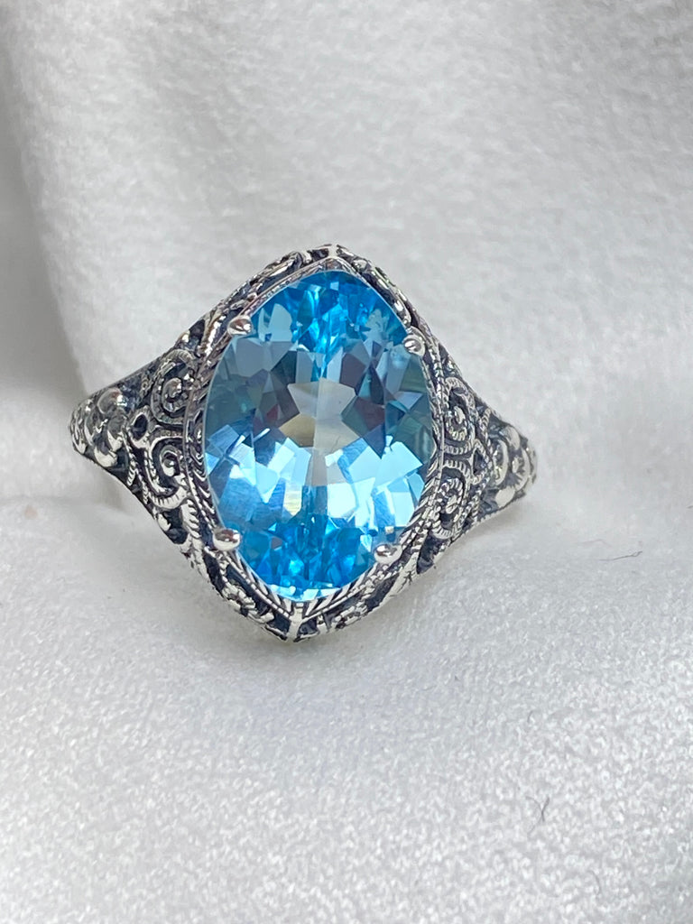 Natural Blue Topaz Ring, Marquise Gemstone, Art Deco Filigree, Sterling Silver Jewelry, Silver Embrace Jewelry, D201