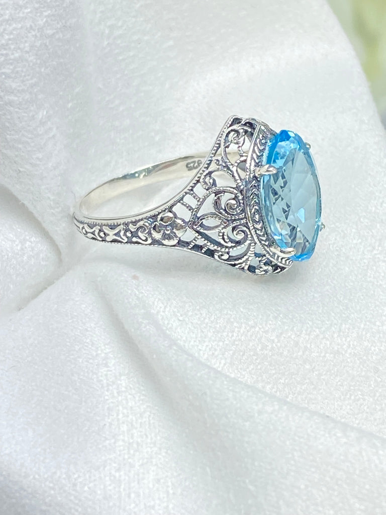 Natural Blue Topaz Ring, Marquise Gemstone, Art Deco Filigree, Sterling Silver Jewelry, Silver Embrace Jewelry, D201