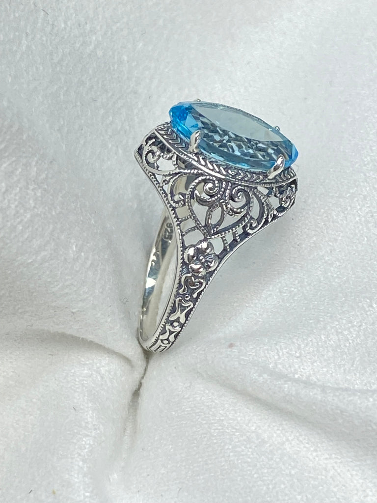 Natural Blue Topaz Ring, Marquise Gemstone, Art Deco Filigree, Sterling Silver Jewelry, Silver Embrace Jewelry, D201