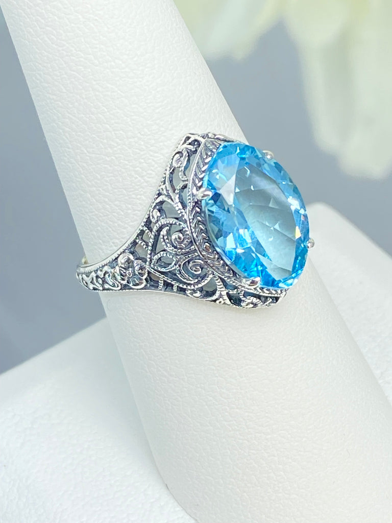 Natural Blue Topaz Ring, Marquise Gemstone, Art Deco Filigree, Sterling Silver Jewelry, Silver Embrace Jewelry, D201