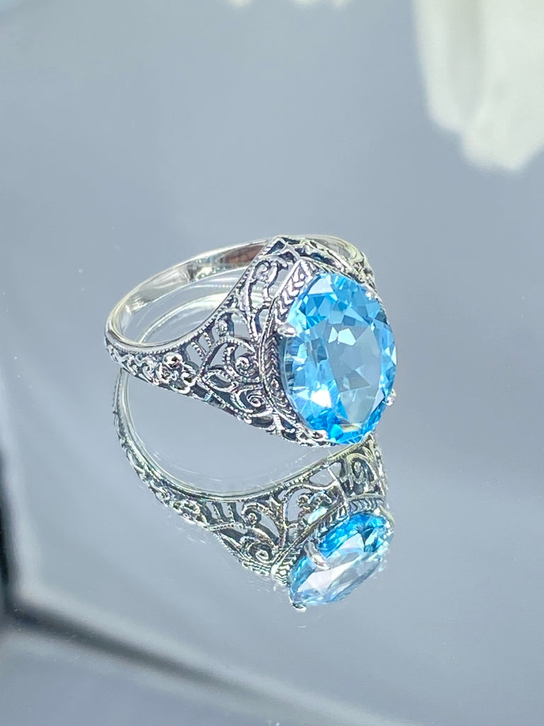 Natural Blue Topaz Ring, Marquise Gemstone, Art Deco Filigree, Sterling Silver Jewelry, Silver Embrace Jewelry, D201