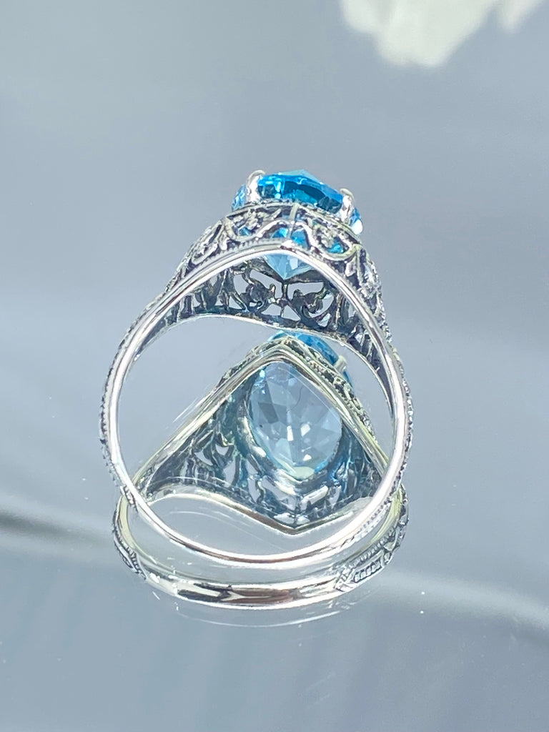 Natural Blue Topaz Ring, Marquise Gemstone, Art Deco Filigree, Sterling Silver Jewelry, Silver Embrace Jewelry, D201