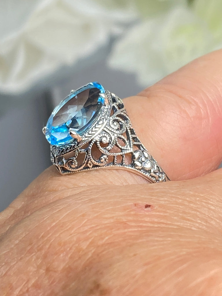 Natural Blue Topaz Ring, Marquise Gemstone, Art Deco Filigree, Sterling Silver Jewelry, Silver Embrace Jewelry, D201