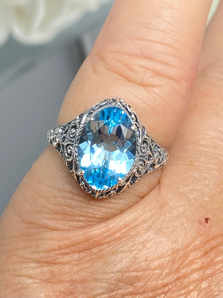 Natural Blue Topaz Ring, Marquise Gemstone, Art Deco Filigree, Sterling Silver Jewelry, Silver Embrace Jewelry, D201