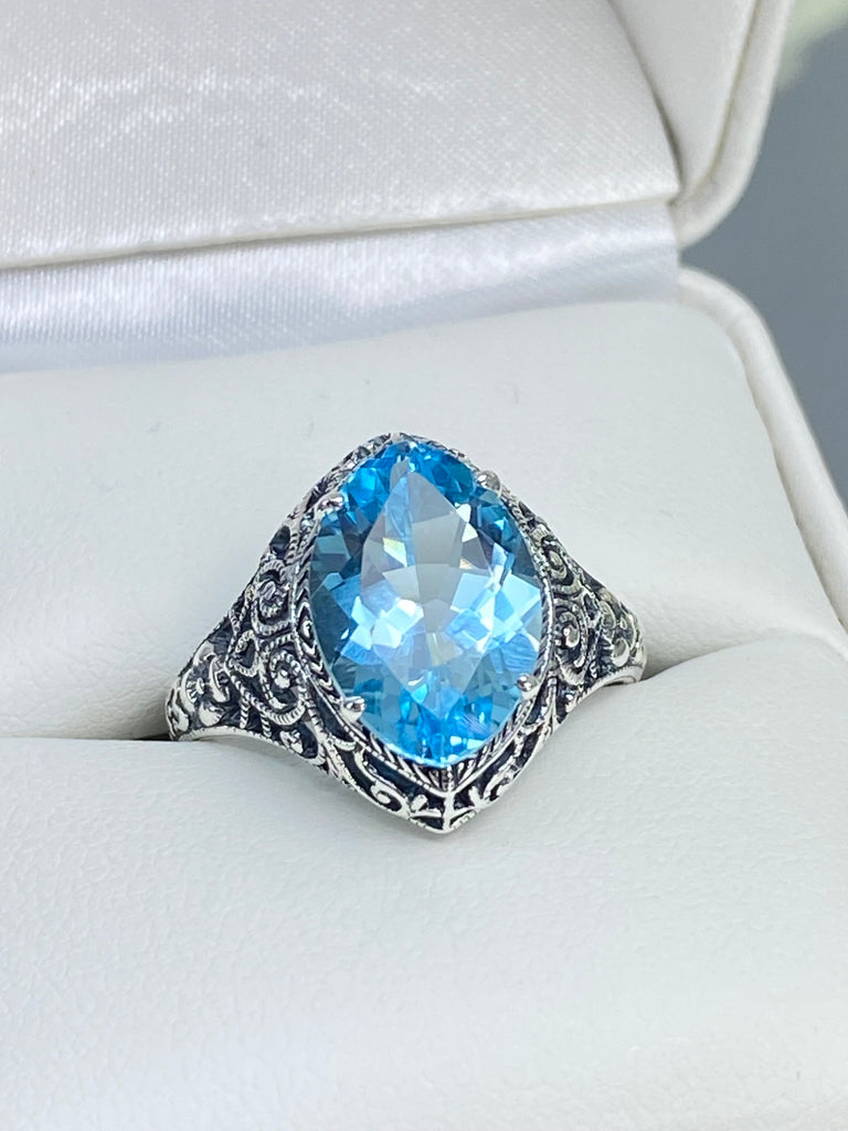 Natural Blue Topaz Ring, Marquise Gemstone, Art Deco Filigree, Sterling Silver Jewelry, Silver Embrace Jewelry, D201