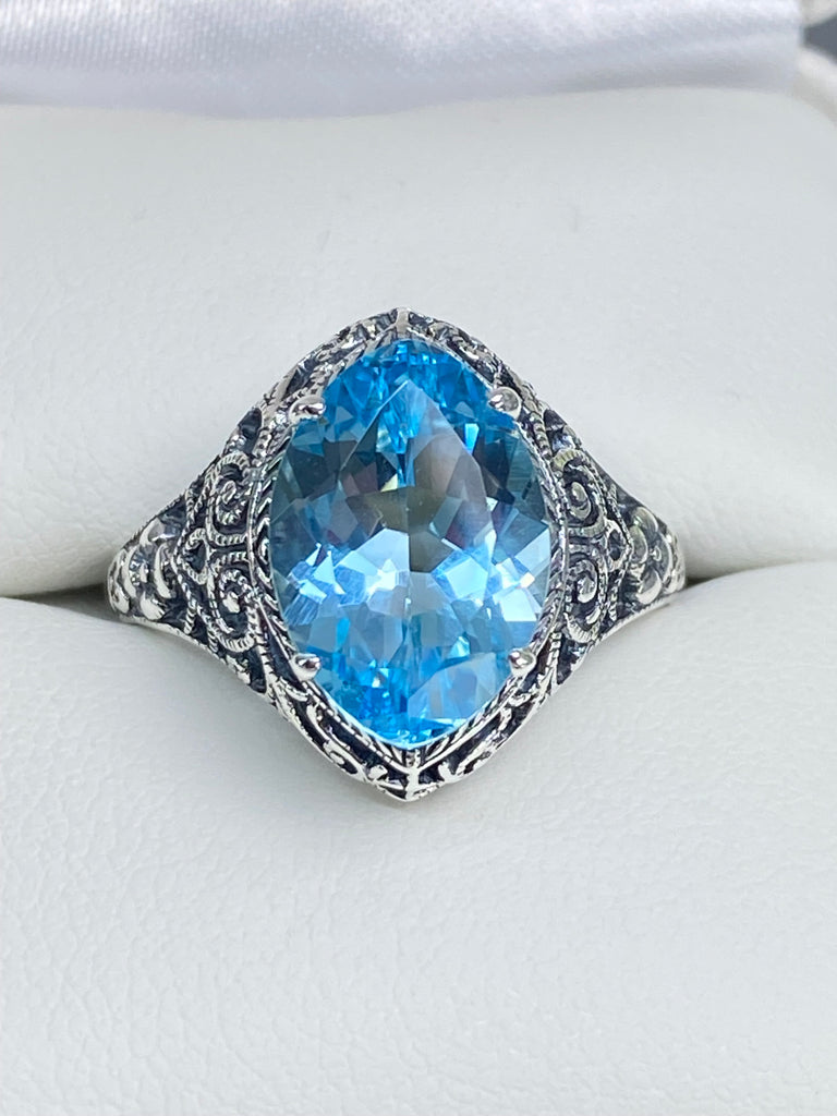 Natural Blue Topaz Ring, Marquise Gemstone, Art Deco Filigree, Sterling Silver Jewelry, Silver Embrace Jewelry, D201