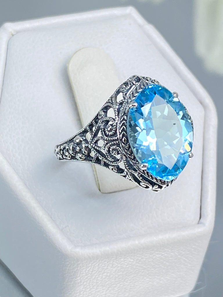 Natural Blue Topaz Ring, Marquise Gemstone, Art Deco Filigree, Sterling Silver Jewelry, Silver Embrace Jewelry, D201