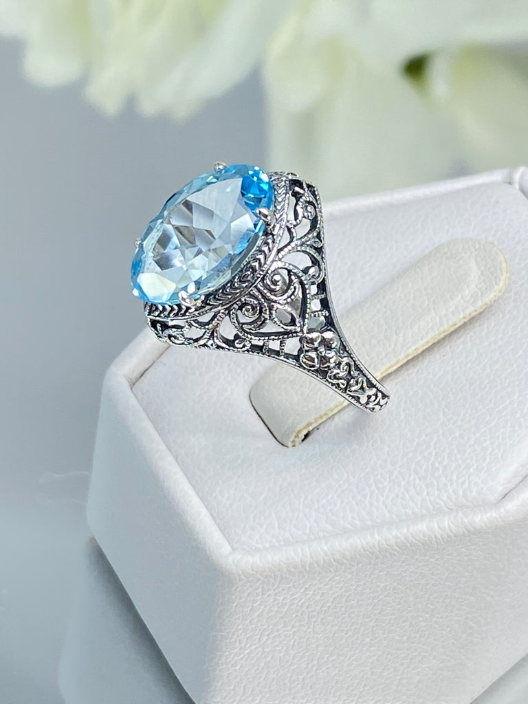 Natural Blue Topaz Ring, Marquise Gemstone, Art Deco Filigree, Sterling Silver Jewelry, Silver Embrace Jewelry, D201