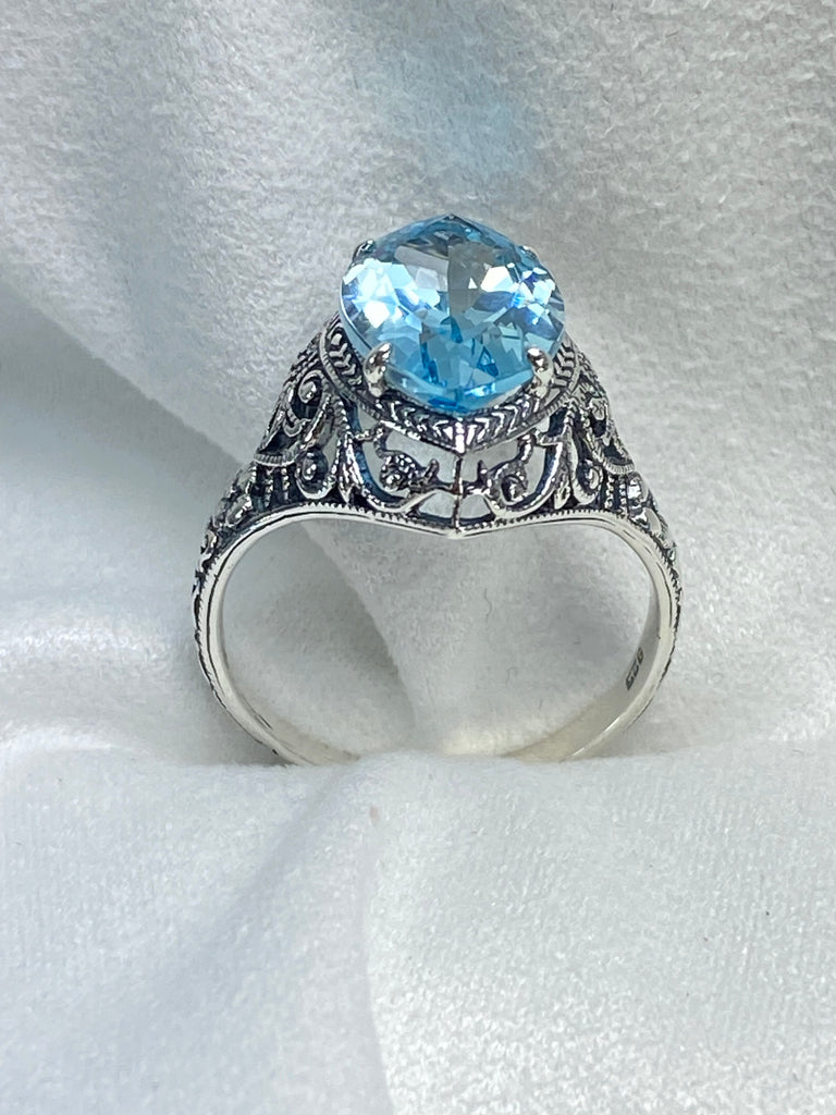 Natural Blue Topaz Ring, Marquise Gemstone, Art Deco Filigree, Sterling Silver Jewelry, Silver Embrace Jewelry, D201