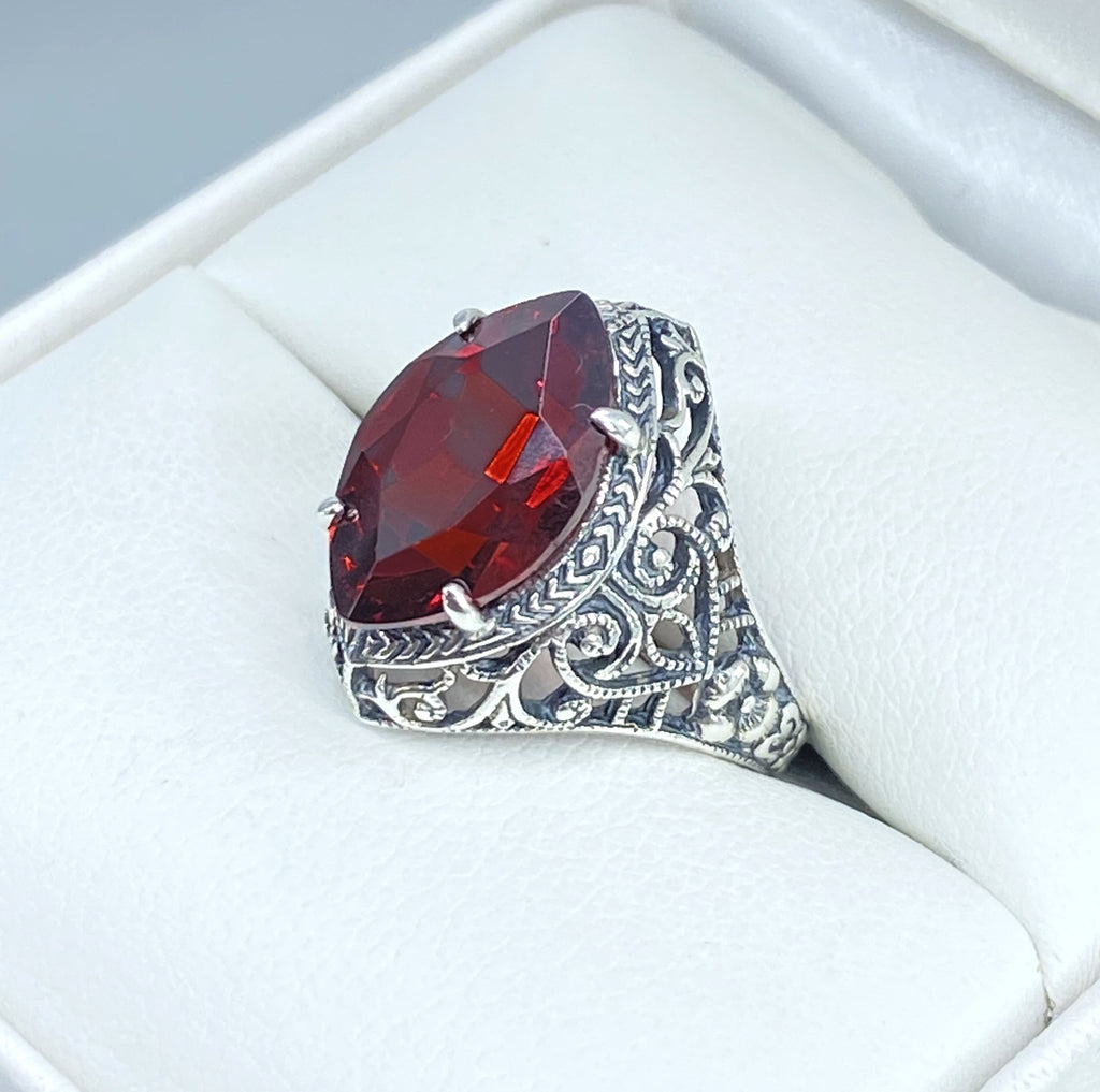 Garnet Ring, Marquise Gemstone, Art Deco Filigree, Sterling Silver Jewelry, Silver Embrace Jewelry, D201