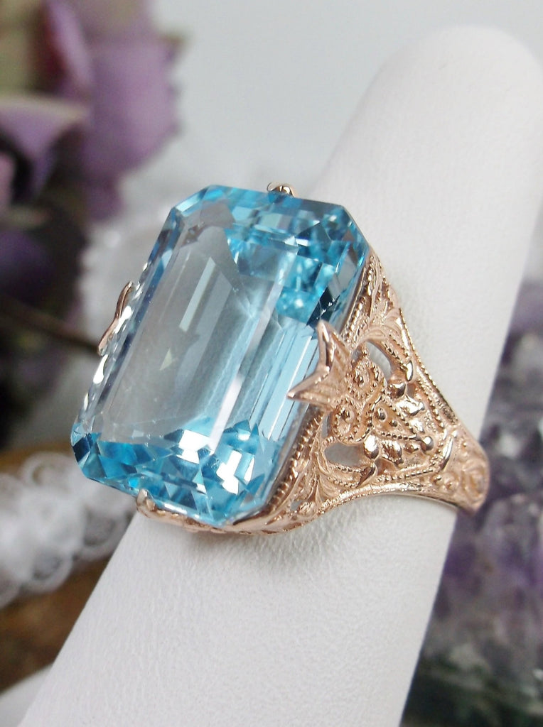 Natural Blue Topaz Ring, Rose Gold Filigree, 14k Gold or 10k gold, Treasure design, Silver Embrace Jewelry, D202