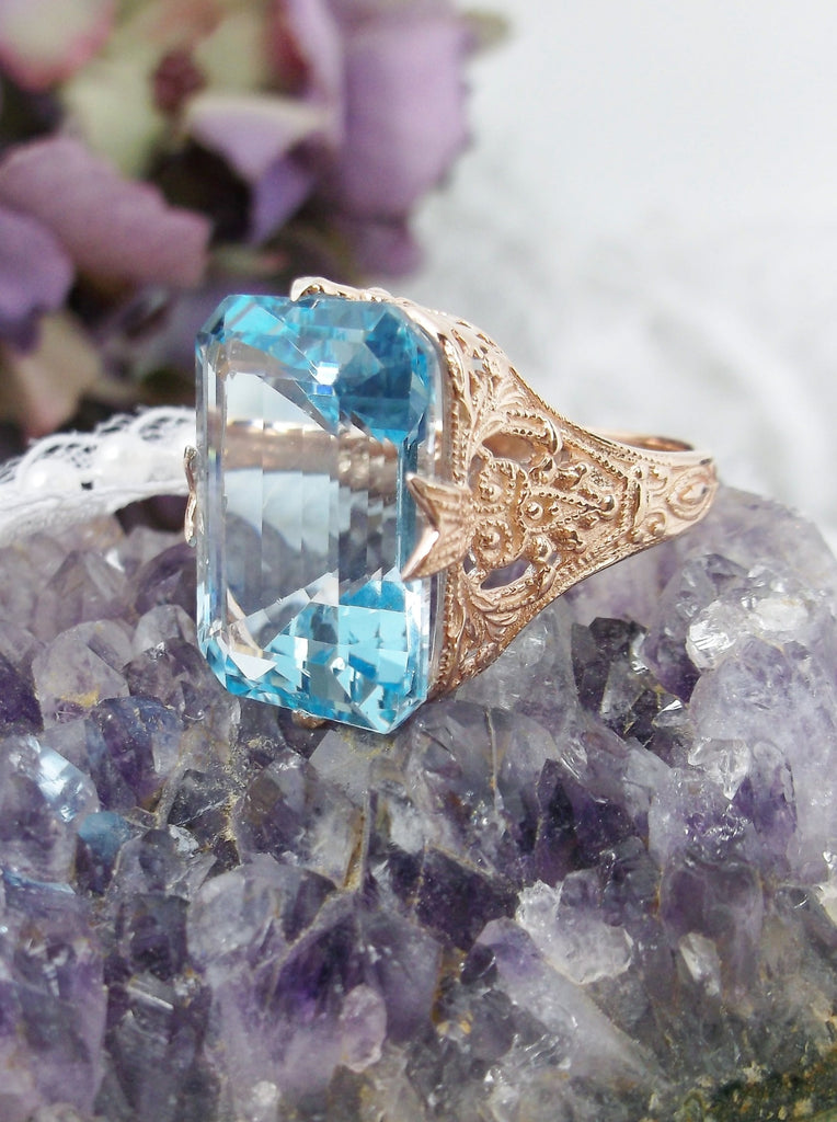 Natural Blue Topaz Ring, Rose Gold Filigree, 14k Gold or 10k gold, Treasure design, Silver Embrace Jewelry, D202