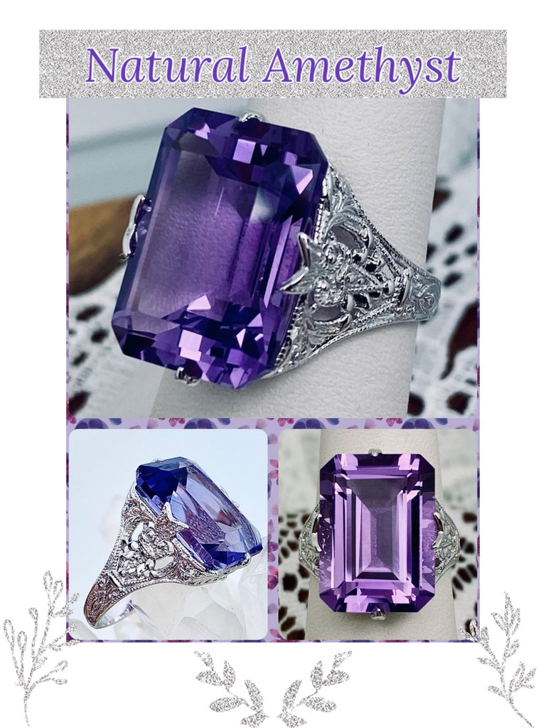 Natural Purple Amethyst Ring, White Gold Filigree, 14k Gold or 10k gold, Treasure design, Silver Embrace Jewelry, D202