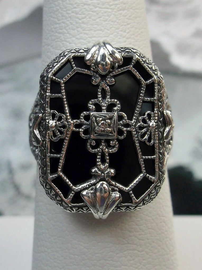 Black Camphor Glass Ring with Sterling Silver Art Deco Filigree and a single white CZ in the center of the pane sections, Sterling Silver Jewelry, Silver Embrace Jewelry