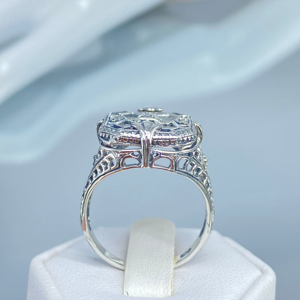 Frosted White  Camphor Glass Ring with Sterling Silver Art Deco Filigree and a single white CZ in the center of the pane sections, Silver embrace jewelry D203-CG/CZ