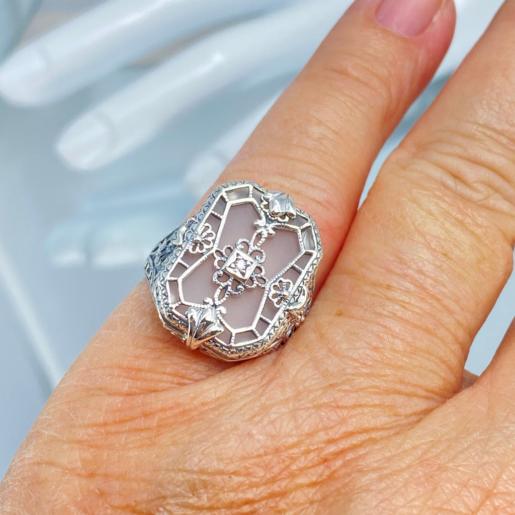 Frosted White  Camphor Glass Ring with Sterling Silver Art Deco Filigree and a single white CZ in the center of the pane sections, Silver embrace jewelry D203-CG/CZ