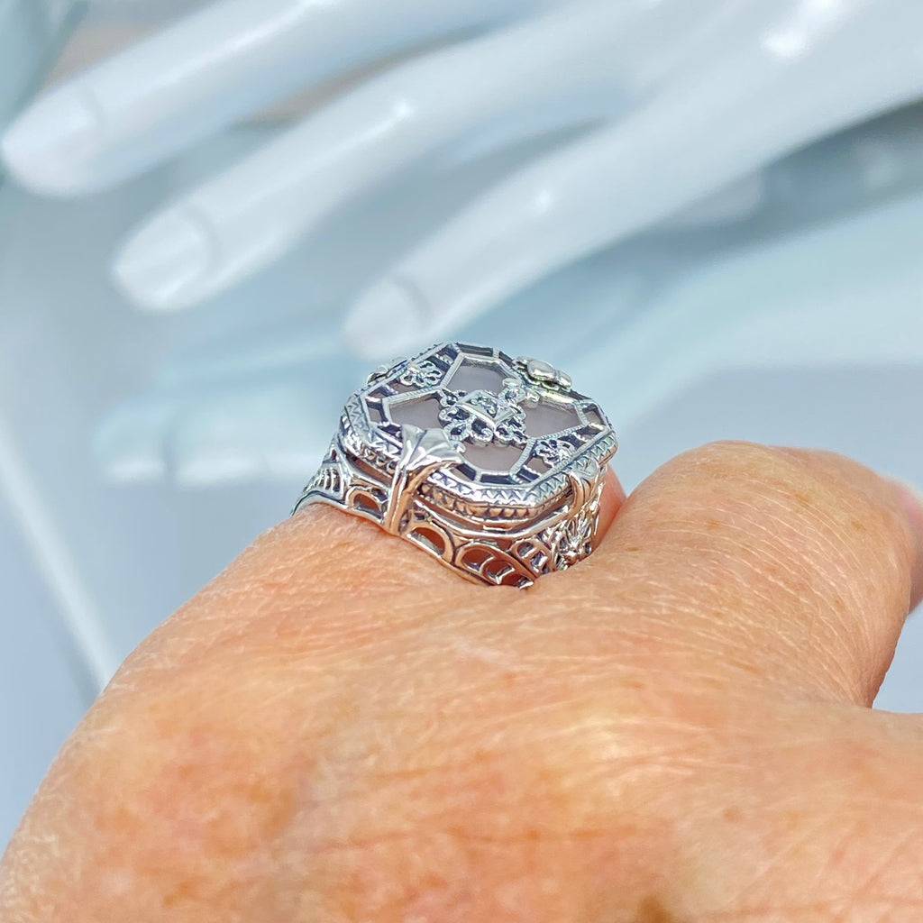 Frosted White  Camphor Glass Ring with Sterling Silver Art Deco Filigree and a single white CZ in the center of the pane sections, Silver embrace jewelry D203-CG/CZ