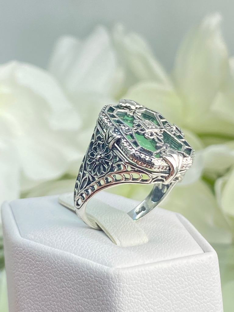 Green Camphor Glass with gem inset; Sterling Silver Filigree, Victorian jewelry, antique style ring - art Deco jewelry, D203, Silver Embrace jewelry