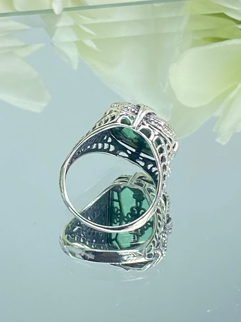 Green Camphor Glass with gem inset; Sterling Silver Filigree, Victorian jewelry, antique style ring - art Deco jewelry, D203, Silver Embrace jewelry