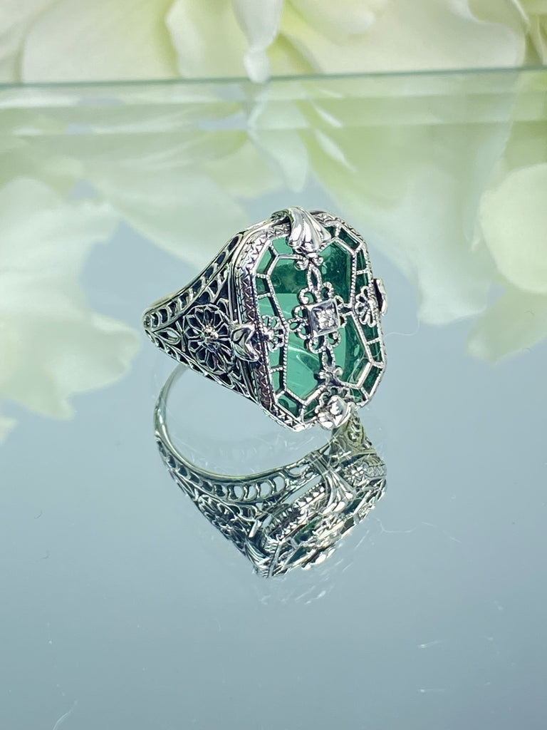 Green Camphor Glass with gem inset; Sterling Silver Filigree, Victorian jewelry, antique style ring - art Deco jewelry, D203, Silver Embrace jewelry 