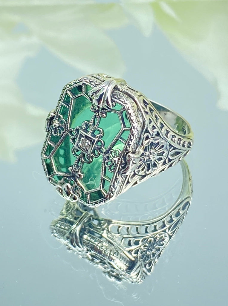Green Camphor Glass with gem inset; Sterling Silver Filigree, Victorian jewelry, antique style ring - art Deco jewelry, D203, Silver Embrace jewelry