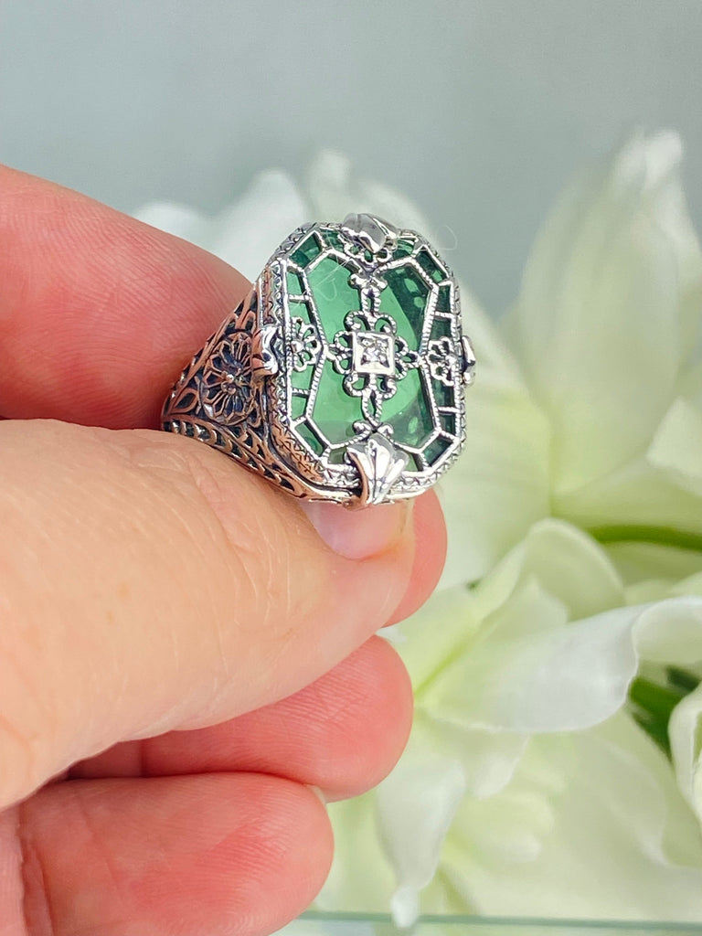 Green Camphor Glass with gem inset; Sterling Silver Filigree, Victorian jewelry, antique style ring - art Deco jewelry, D203, Silver Embrace jewelry