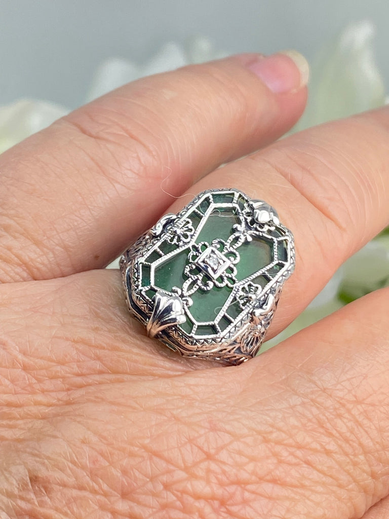 Green Camphor Glass with gem inset; Sterling Silver Filigree, Victorian jewelry, antique style ring - art Deco jewelry, D203, Silver Embrace jewelry