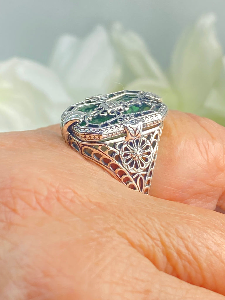 Green Camphor Glass with gem inset; Sterling Silver Filigree, Victorian jewelry, antique style ring - art Deco jewelry, D203, Silver Embrace jewelry