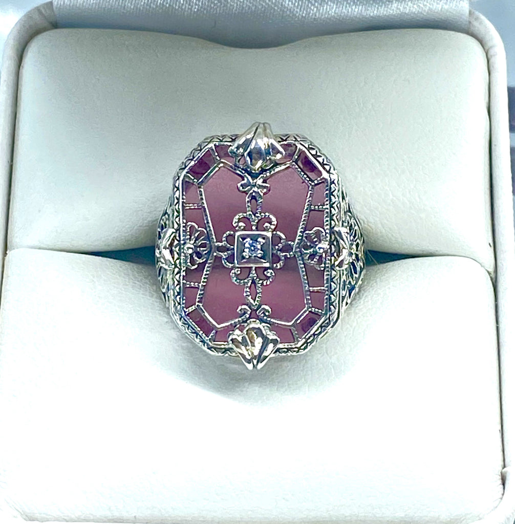 Rose Pink Camphor Glass Ring with Sterling Silver Art Deco Filigree and a single Lab moissanite in the center of the pane sections