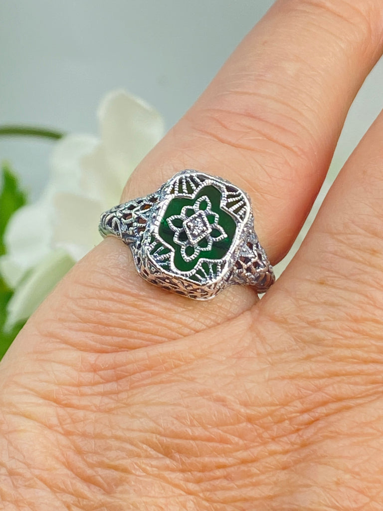 Emerald Green Camphor Glass Ring with Lab Moissanite inset, Sterling Silver Filigree Jewelry, Silver Embrace Jewelry D204