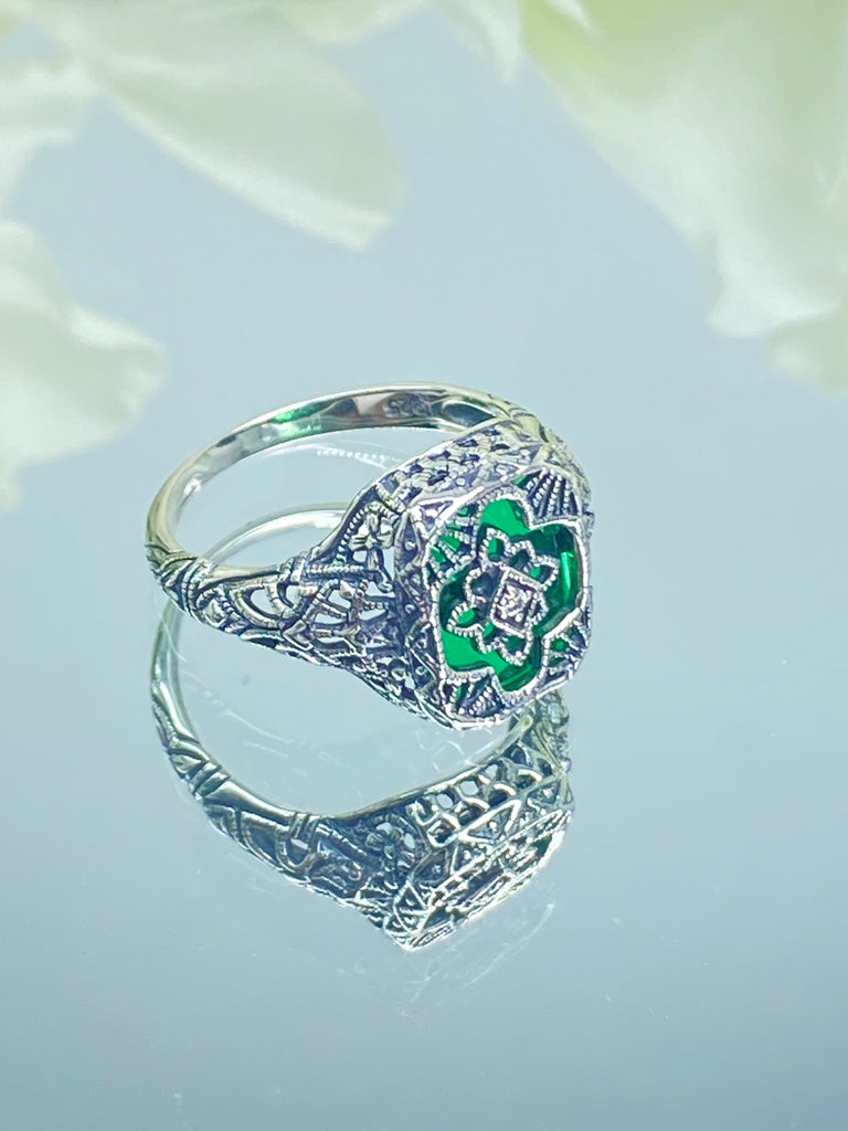 Emerald Green Camphor Glass Ring with Lab Moissanite inset, Sterling Silver Filigree Jewelry, Silver Embrace Jewelry D204