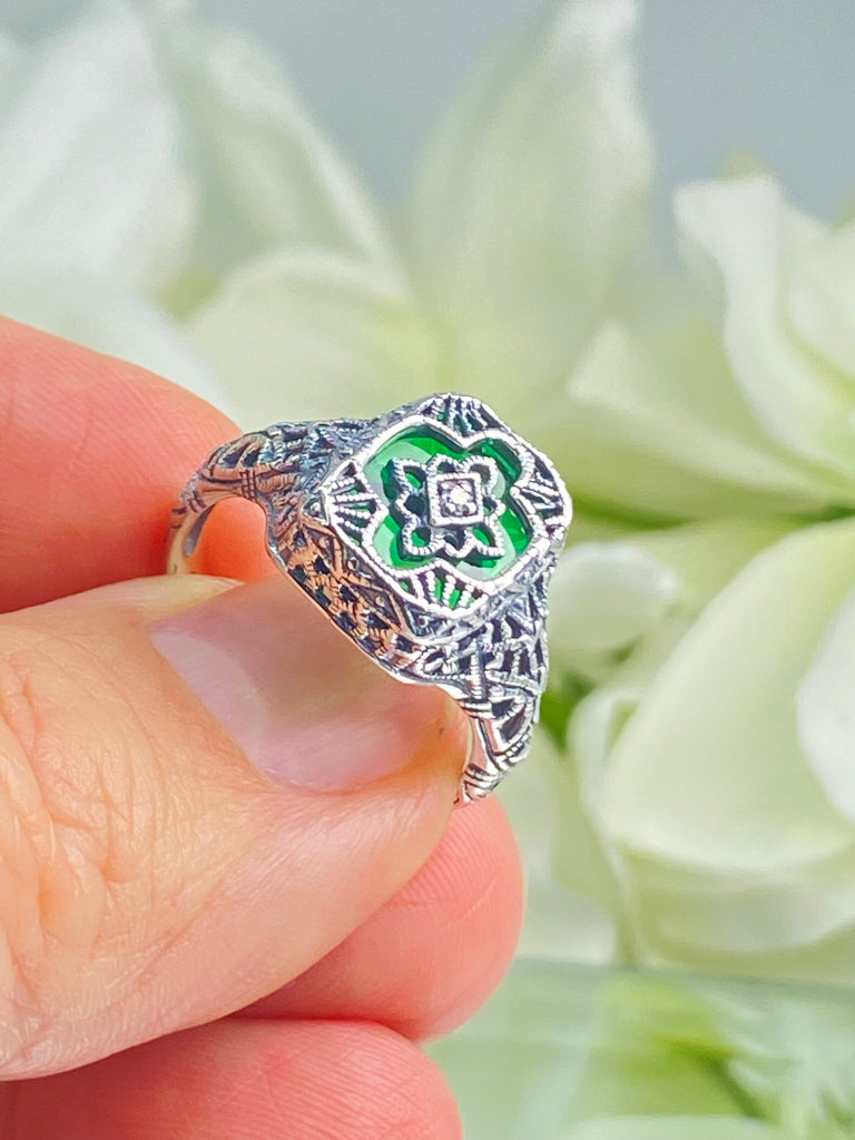 Emerald Green Camphor Glass Ring with Lab Moissanite inset, Sterling Silver Filigree Jewelry, Silver Embrace Jewelry D204