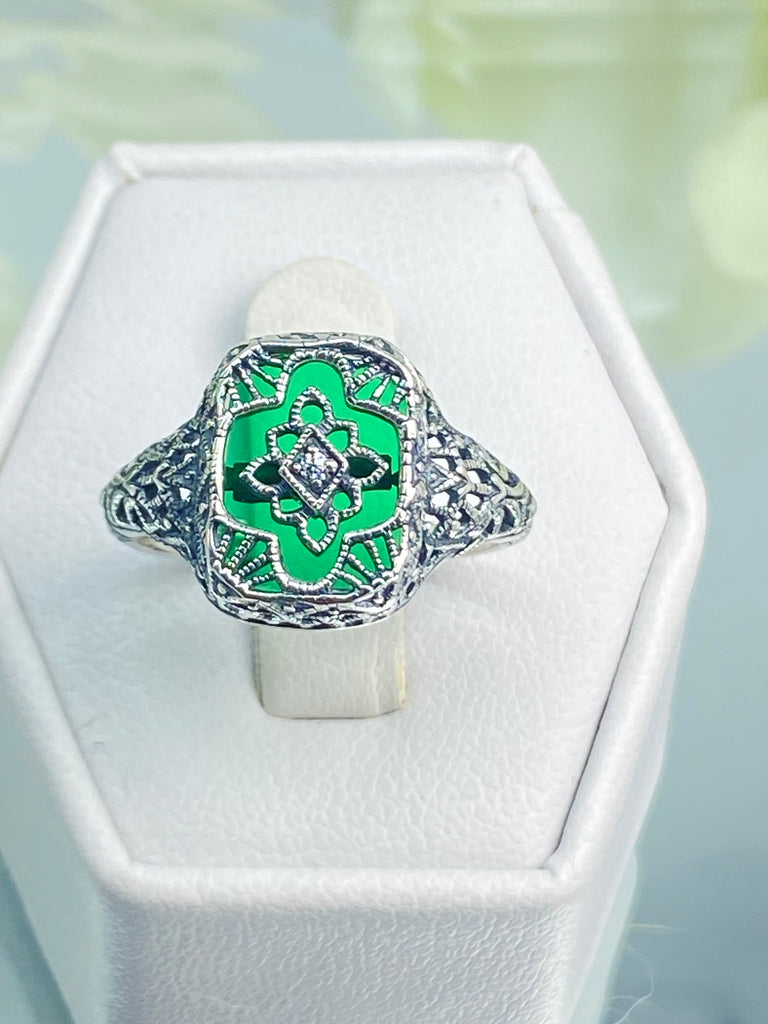 Emerald Green Camphor Glass Ring with Lab Moissanite inset, Sterling Silver Filigree Jewelry, Silver Embrace Jewelry D204