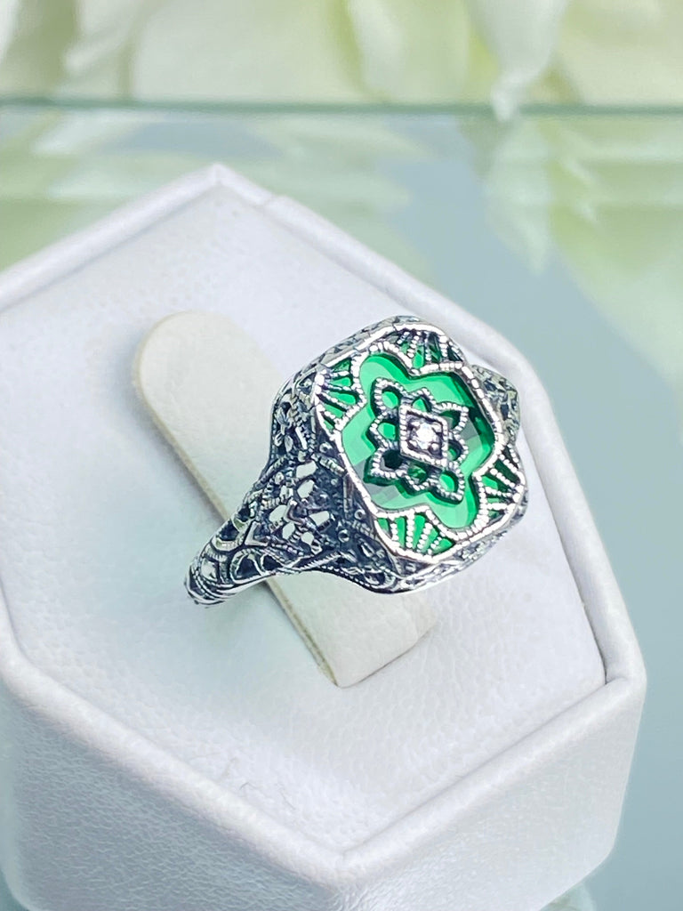 Emerald Green Camphor Glass Ring with Lab Moissanite inset, Sterling Silver Filigree Jewelry, Silver Embrace Jewelry D204