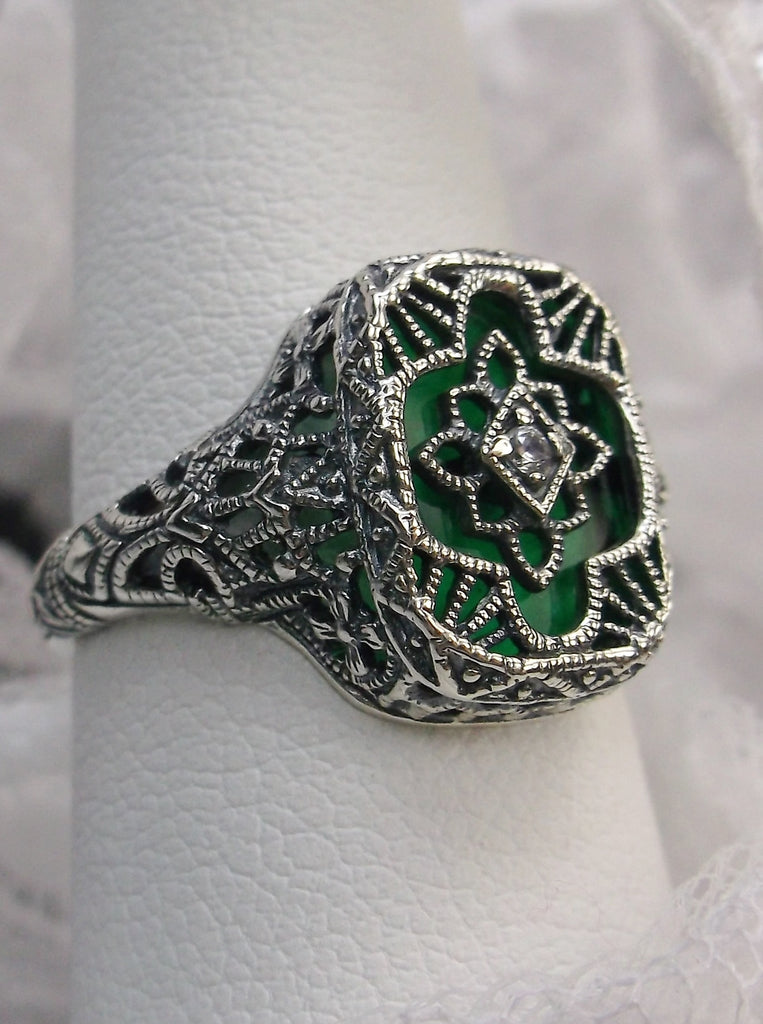 Emerald Green Camphor Glass Ring with White Cubic Zirconia inset, Sterling Silver Filigree Jewelry, Silver Embrace Jewelry