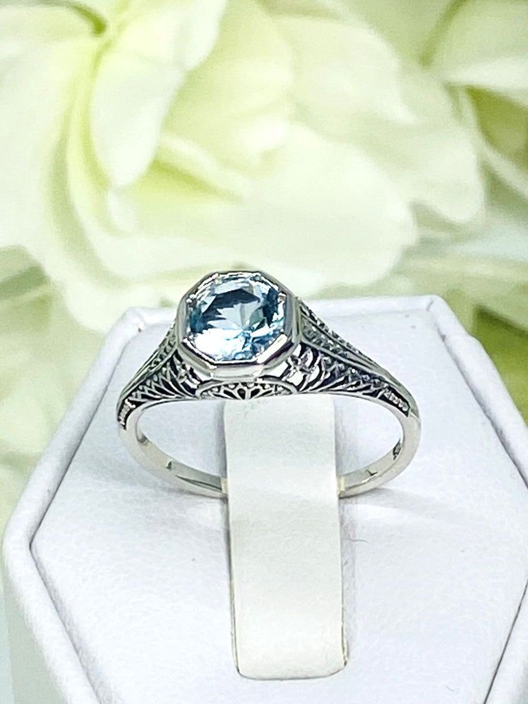 Sky Blue Aquamarine, Blue Topaz Ring, Dandelion filigree, Sterling Silver, Victorian Jewelry, Vintage, Silver Embrace Jewelry, D205