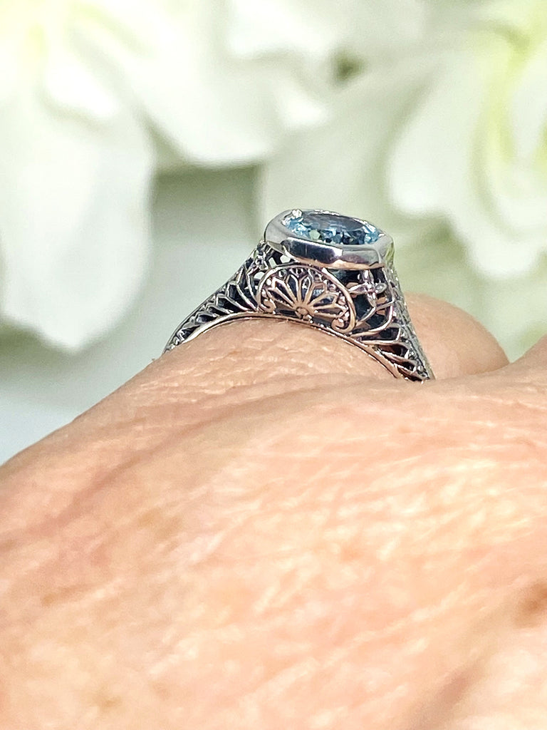 Sky Blue Aquamarine, Blue Topaz Ring, Dandelion filigree, Sterling Silver, Victorian Jewelry, Vintage, Silver Embrace Jewelry, D205