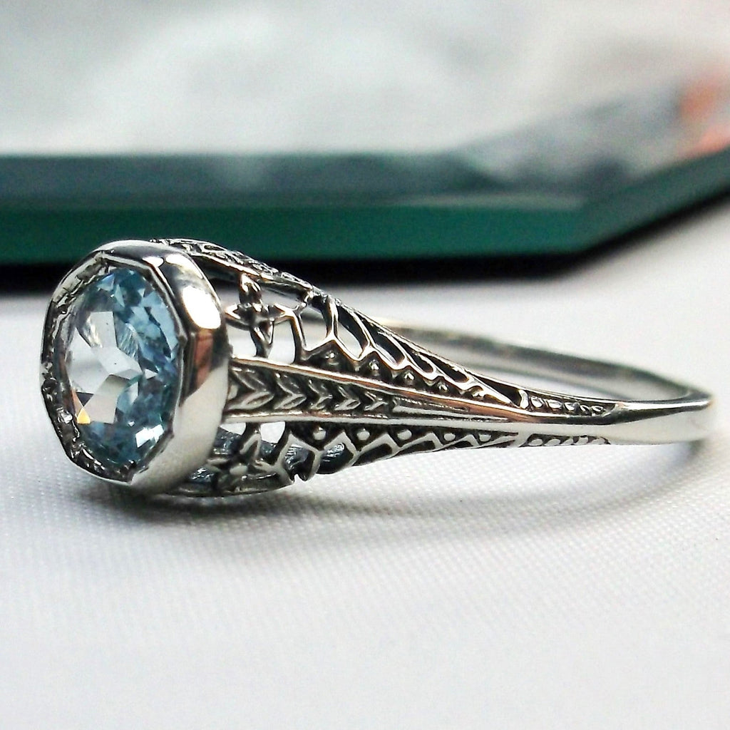 Sky Blue Aquamarine, Natural Blue Topaz Ring, Dandelion filigree, Sterling Silver, Victorian Jewelry, Vintage, Silver Embrace Jewelry, D205