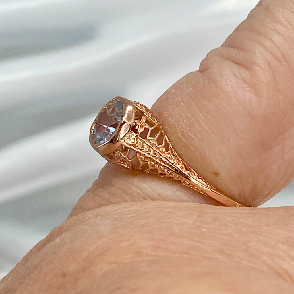 Natural blue topaz Ring, Rose gold plated over sterling silver, Dandelion style, D205, Silver Embrace Jewelry