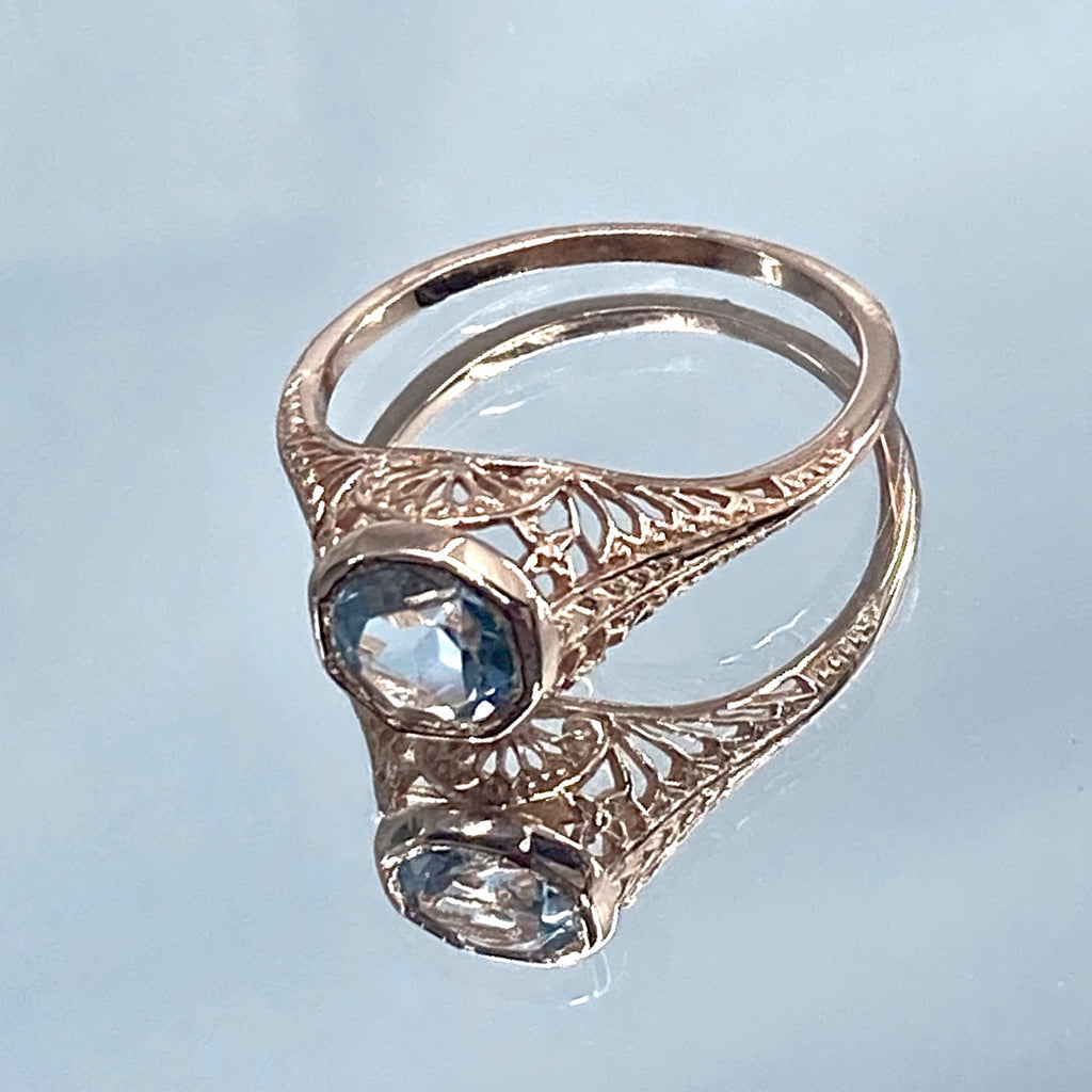 Natural blue topaz Ring, Rose gold plated over sterling silver, Dandelion style, D205, Silver Embrace Jewelry