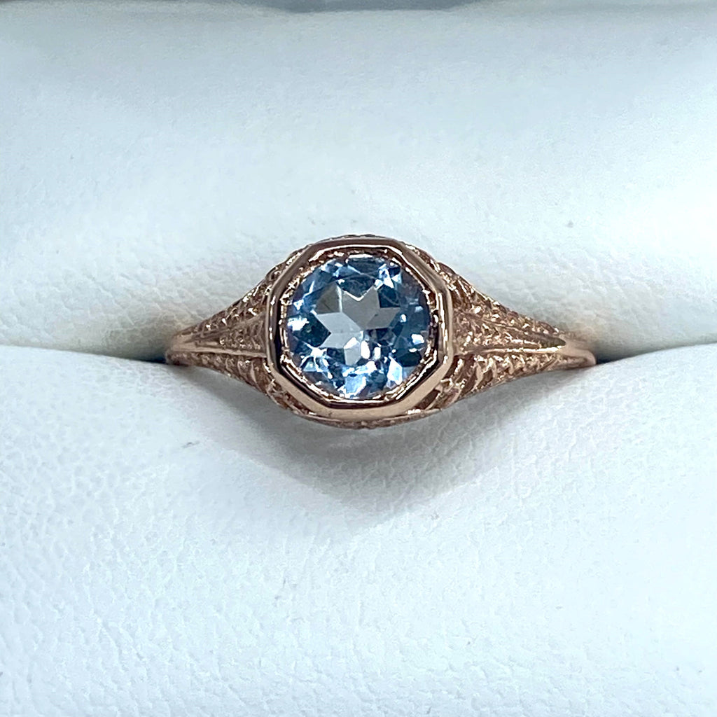 Natural blue topaz Ring, Rose gold plated over sterling silver, Dandelion style, D205, Silver Embrace Jewelry
