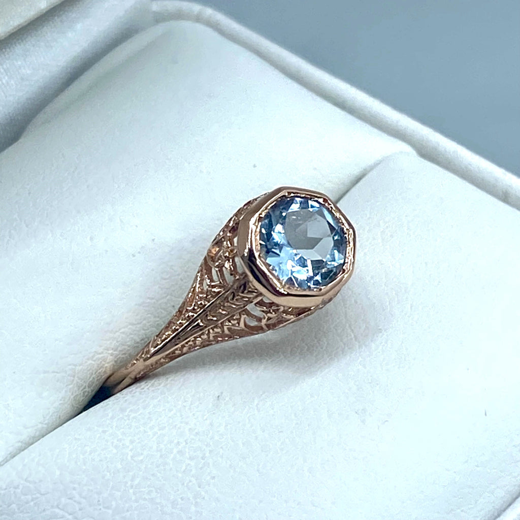 Natural blue topaz Ring, Rose gold plated over sterling silver, Dandelion style, D205, Silver Embrace Jewelry