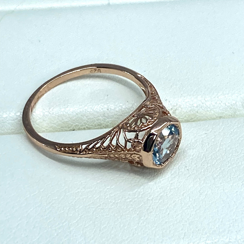 Natural blue topaz Ring, Rose gold plated over sterling silver, Dandelion style, D205, Silver Embrace Jewelry